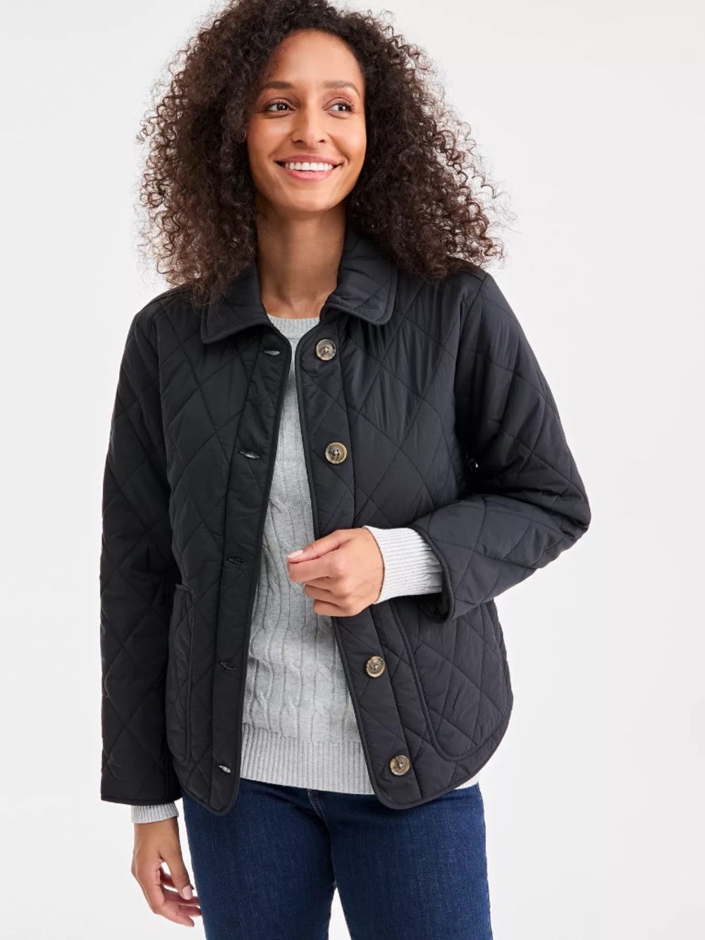 NEW! Style & Co Quilted Collared Jacket Nylon Long Sleeve Button Front Black XS